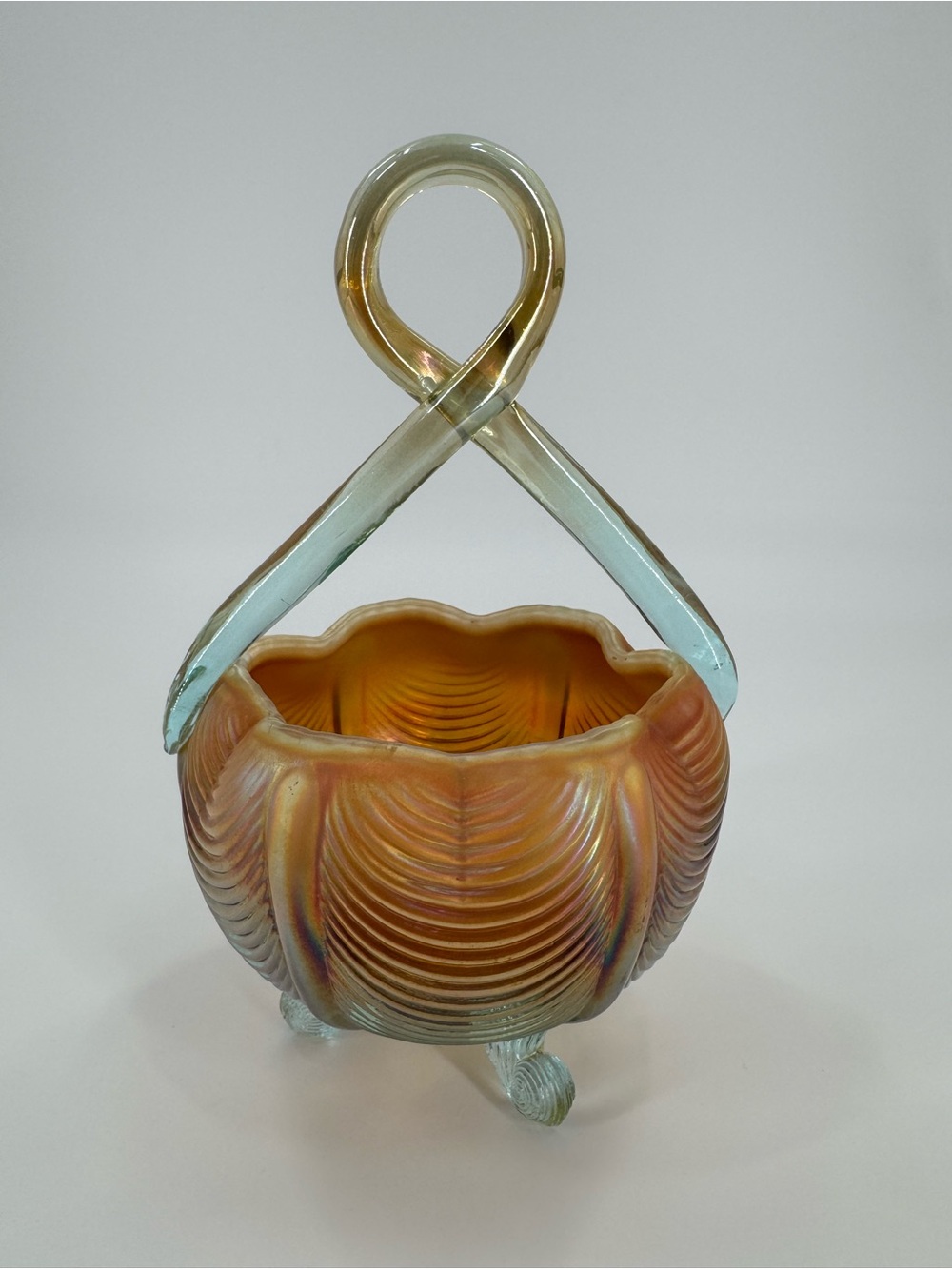 Fenton Levay Aqua Opal Carnival Glass Drapery 3-Footed Loop Handled Basket